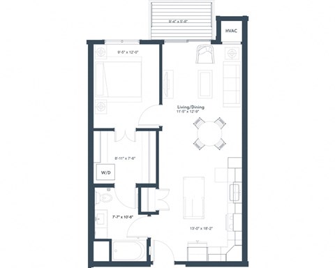 Floor plan for 1 bed, 1 bath, 726 sqft
